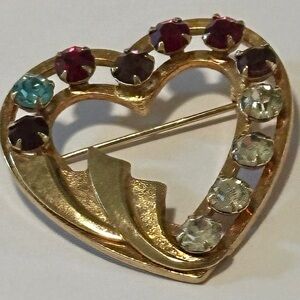 Vintage Catamore 12K Gold Filled Heart Brooch Multicolor Rhinestones Signed